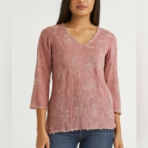 JOHNNY WAS Embroidered Lace Top XS | Dusty Rose Boho Floral Tunic